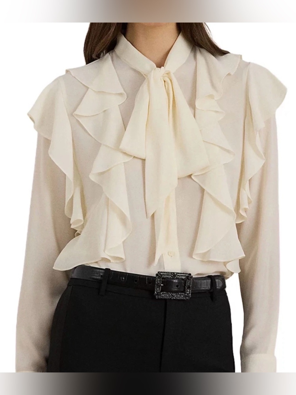 Lauren Ralph Lauren Women’s Ruffle Tie Neck Blouse In Winter Cream Sz S NWT